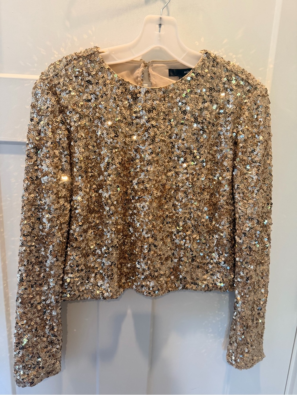 AQUA Gold Sequin Long Sleeve Crop Top Holiday Party Blouse Size M